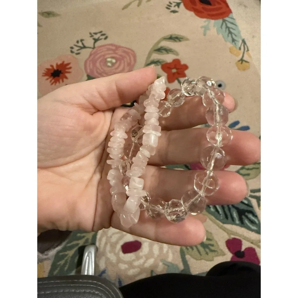 Pair Of Two Stretch Elastic‎ Bracelets White Clear Pale Pink Rose Quartz